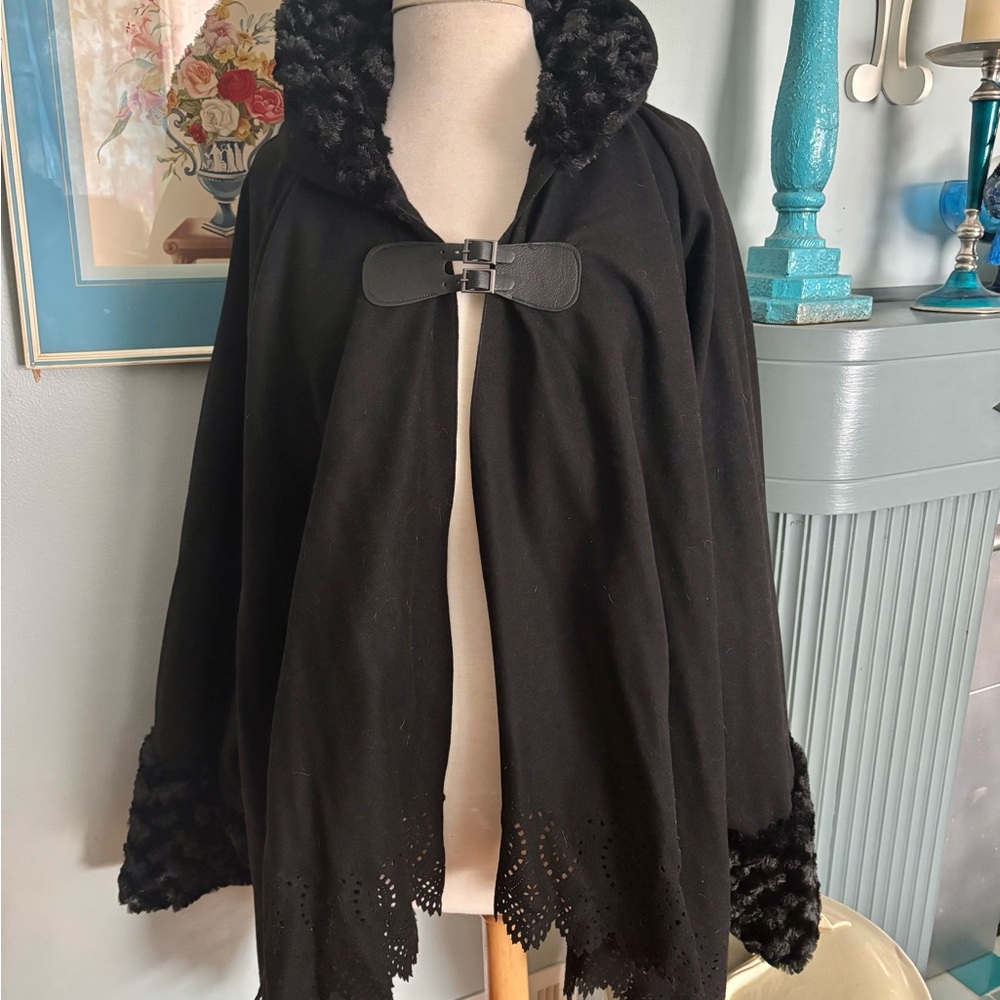 Marimekko Black Wool Hooded Cape with faux fur trim and cut lace detail.